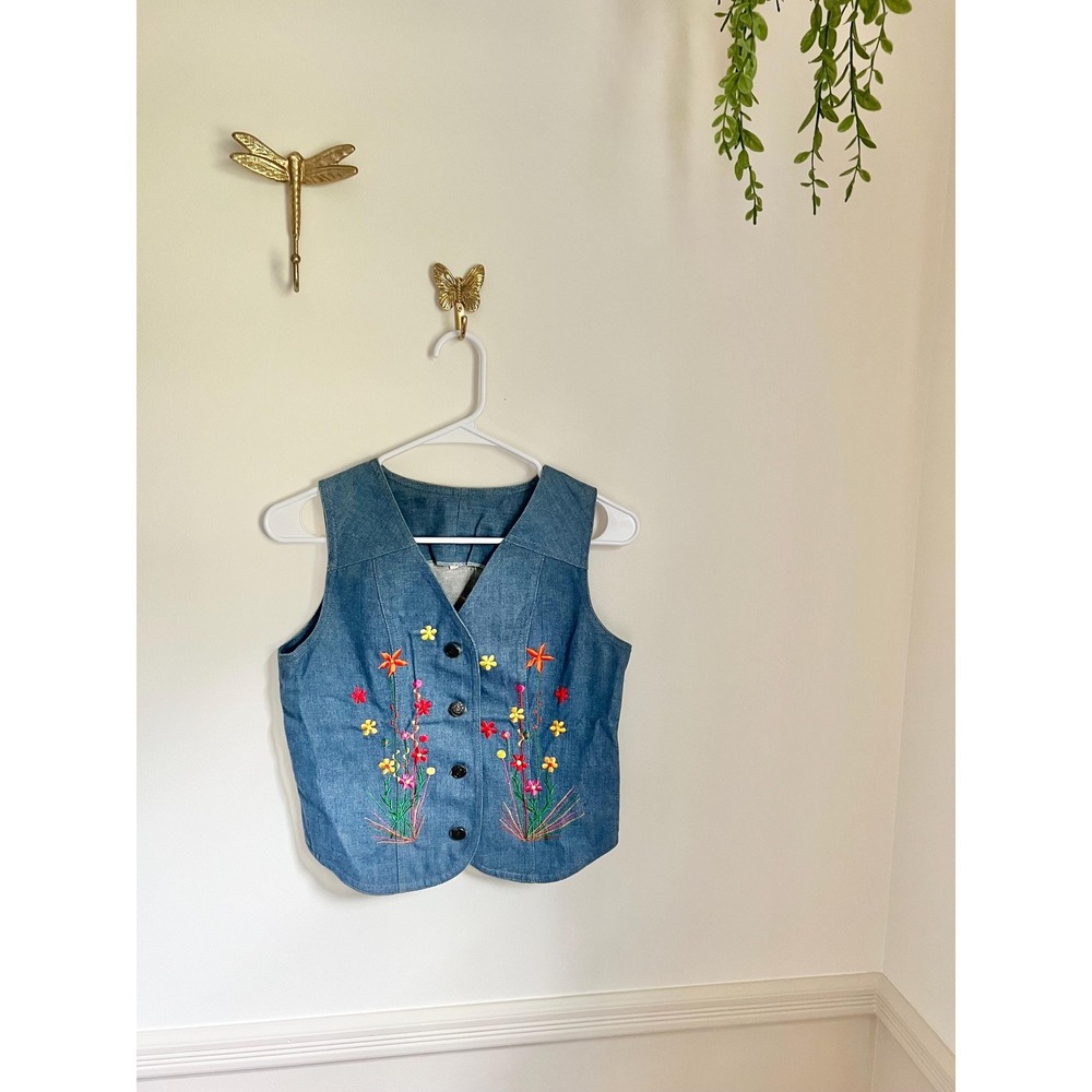 Vintage Children's 1970s Flower Power Embroidered Denim Jean‎ Vest Size L